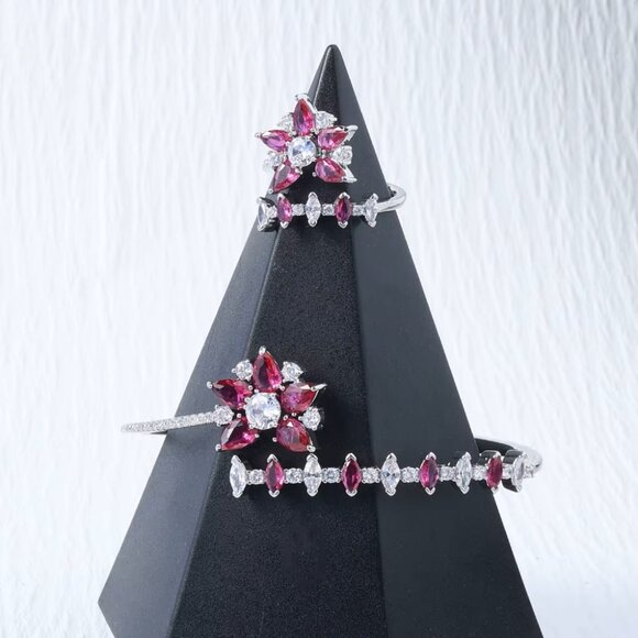 Rhodium-plated lab-created Gemstone Floral Bangle Bracelet - Picture 7 of 9